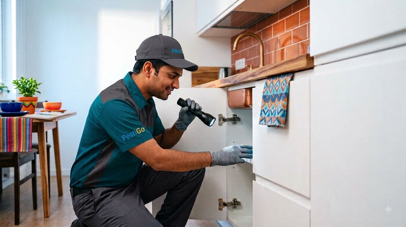 Pest control technician inspecting a home for pest infestation