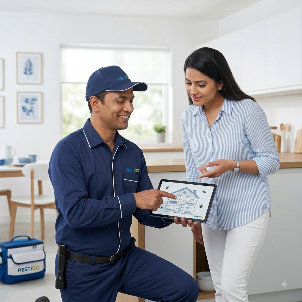 Pest control expert discussing the right pest treatment with a homeowner