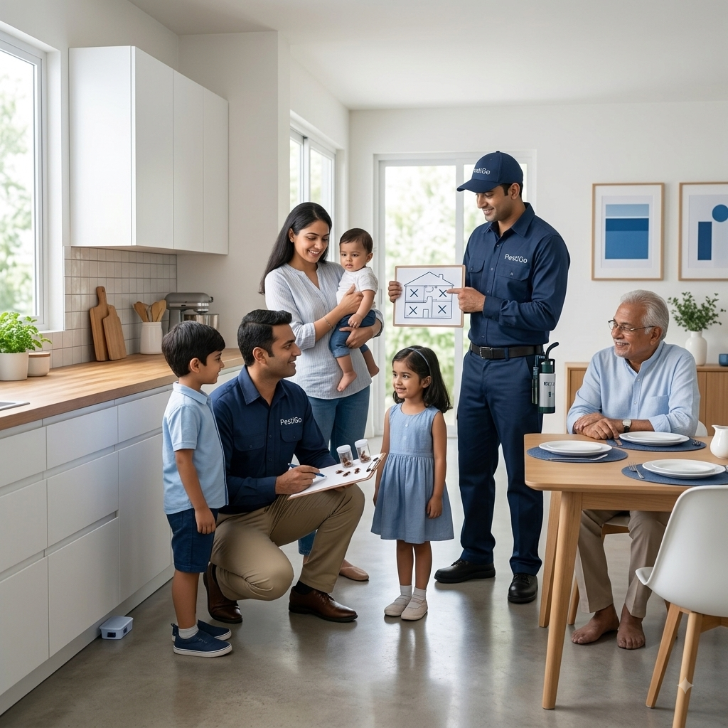 Pest control technician providing pest prevention guidance to a homeowner