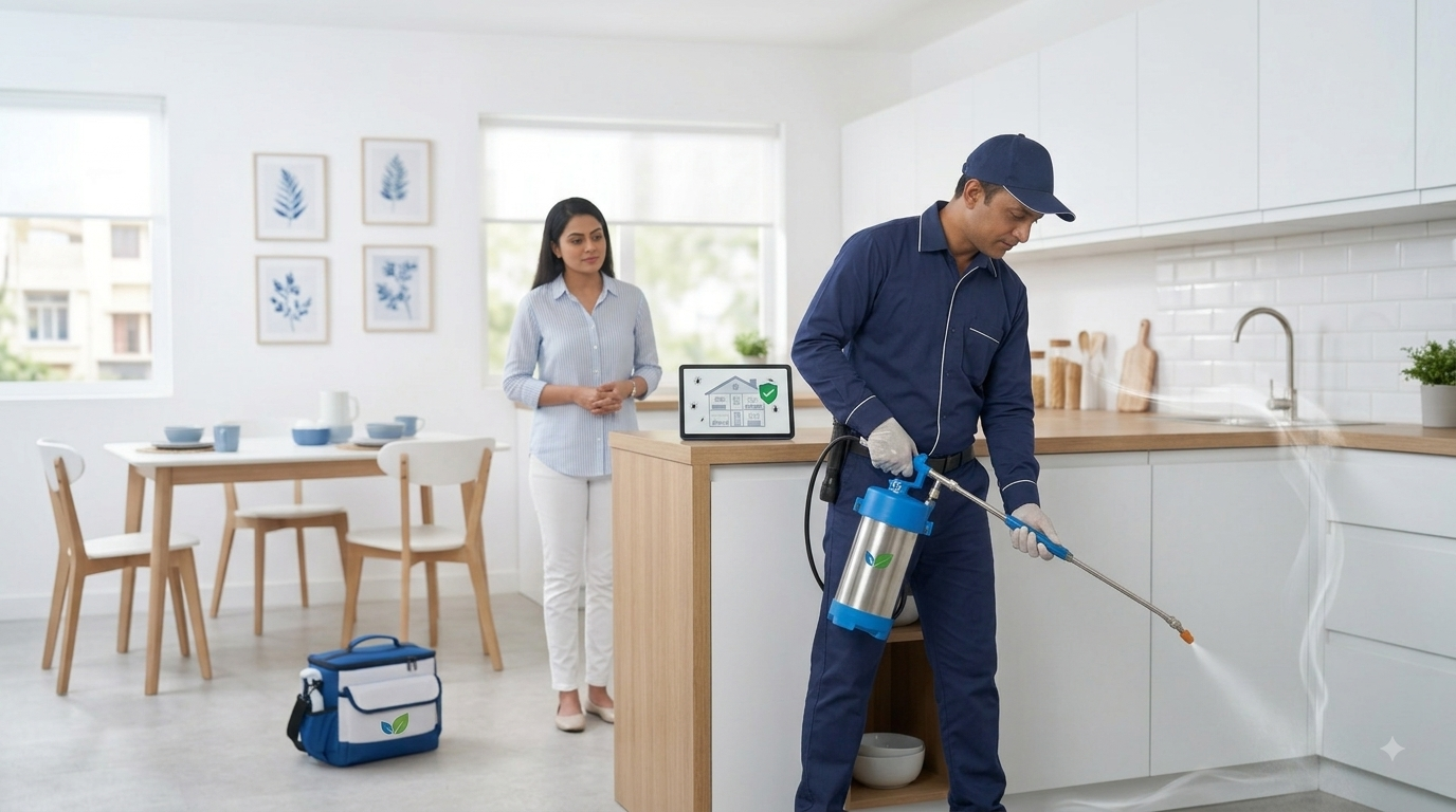 Professional pest control technician treating a home for pests